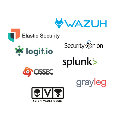 Logos des principales technologies SIEM, notamment Elastic Security, WAZUH, Security Onion, Splunk, logit.io, OSSec, Graylog et AlienVault OSSIM, présentant les divers outils Zen Networks utilise pour les informations de sécurité et les services de gestion d'événements.