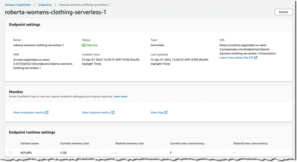 Amazon SageMaker Serverless Inference -Review Amazon SageMaker Serverless Endpoint configuration in the SageMaker Console